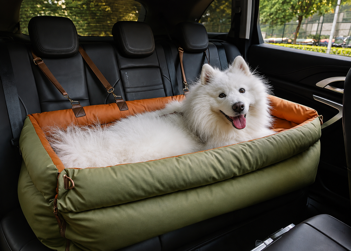 Sleeping dog in a leather bed in a warm minimalist home